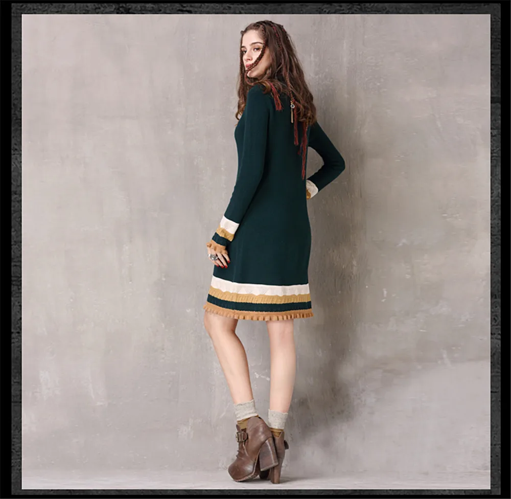 Vintage Winter Sweater Dress Women Green Casual Elasticity Cotton Dresses Autumn Knitting Ruffles-Neck Long Sleeve Dresses (18)