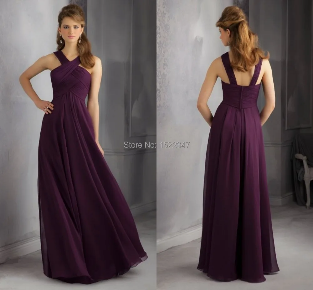 Free Shipping Long Chiffon Plum Bridesmaid Dresses 2015 for Wedding