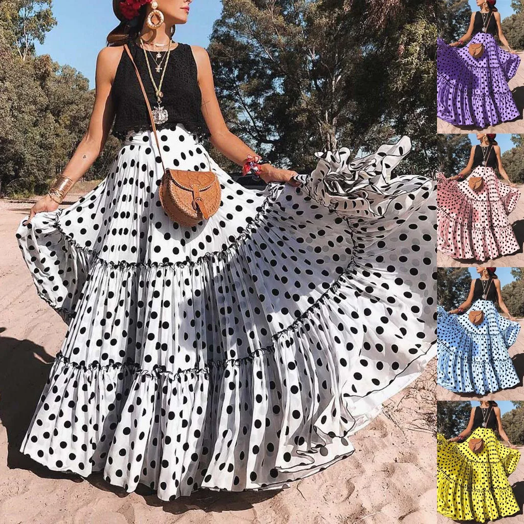 

Womail Skirt Women Fashion High Waist Polka Dot Printed Skirt Loose Ruffled Pleated Long Skirt Summer Beach Plus Size May 1