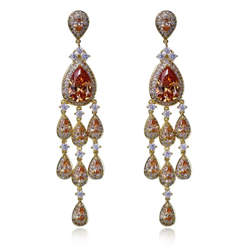 

91 MM Statement Long Earrings in Gold color Setting with Colorful Cubic Zirconia Water Drop Wedding Chandelier Drop Earrings