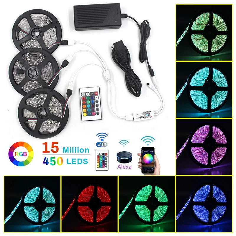 5m/10m/15m/20m LED Flexible Strip Light Multi-Spec US/EU/UK/AU 12V APP Wireless 24 Key Controller Garden Bar Indoor Decoration