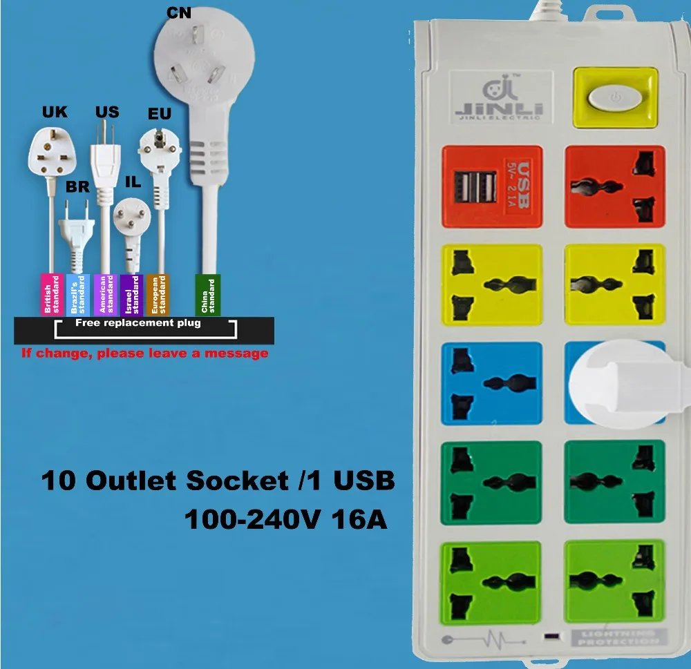 AU EU US 100~ 240 v 10A Защита от перенапряжения 9 выходов и 2 USB Электрический переключатель и розетка