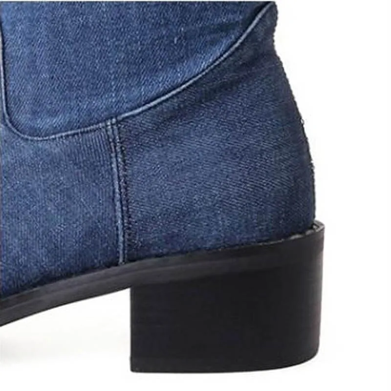 Fashion Women Knee-high Long Boots Slim Showing Med Heel Spring Autumn Shoes Slip-on Leisure Casual Boots Plus Size 33-43 Blue (6)