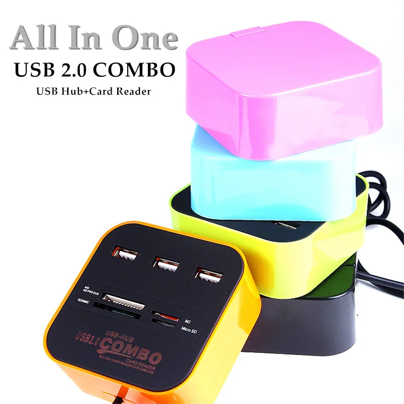 

High Speed All In One 3 Ports USB 2.0 Hub Combo with Multi card Reader for tf/mirco SD/MMC/M2/MS Portable Brand New 5 Colors