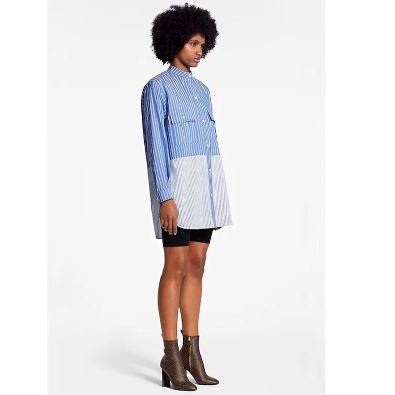 

Designer Shirts Blue Striped Shirts for Women High Quality 100% Cotton Long Sleeve Blouse for Lady 2019 Summer
