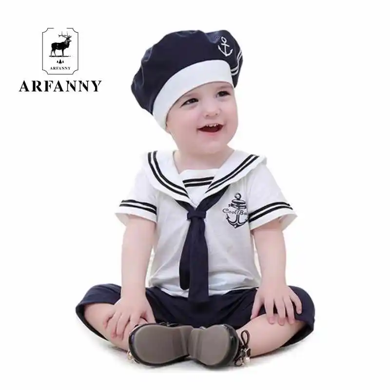 Одежда для малышей моряка для маленьких мальчиков короткие комбинезон холодный темно-берет Кепки хлопок младенческой Одежда Костюмы, комбинезон в целом