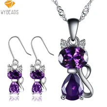 Wybeads 925 plata de la joyería pendientes colgante gato set cristalino de austria aaa cz para las mujeres moda joyería nupcial femenina