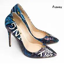 Aiyoway Women Shoes Ladies Pointed Toe High Heels Pumps Print Pattern Clubwear Party Shoes Slip On Big Size Pumps Thin Heels ladies suede size 33 4 34 2017 gray medium wine red slip on cute pumps thin high heels bow pointed toe kitten china new chinese