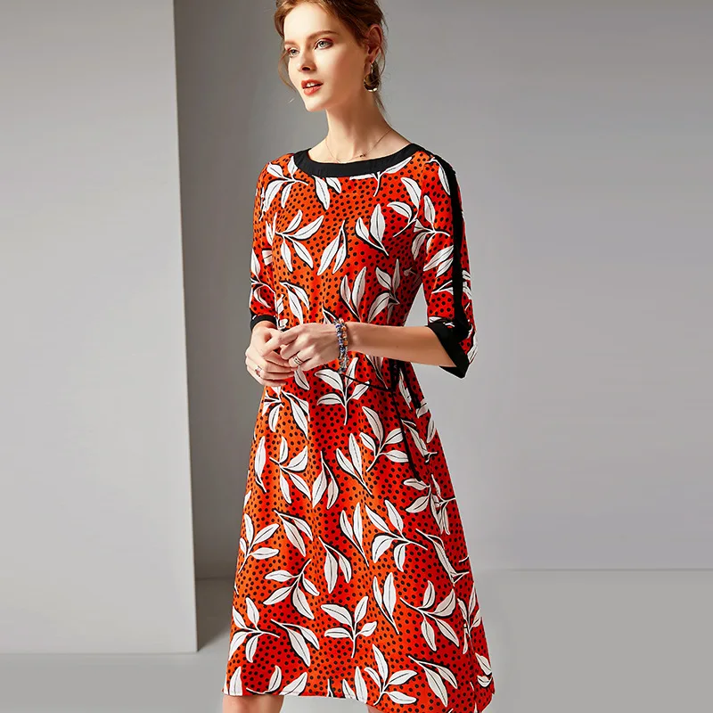 

2019 Spring Women's Elegant Slash Neck Half Sleeve 100% Real Silk Print Drawing Waist Dresses High Quality Female Dress R10466