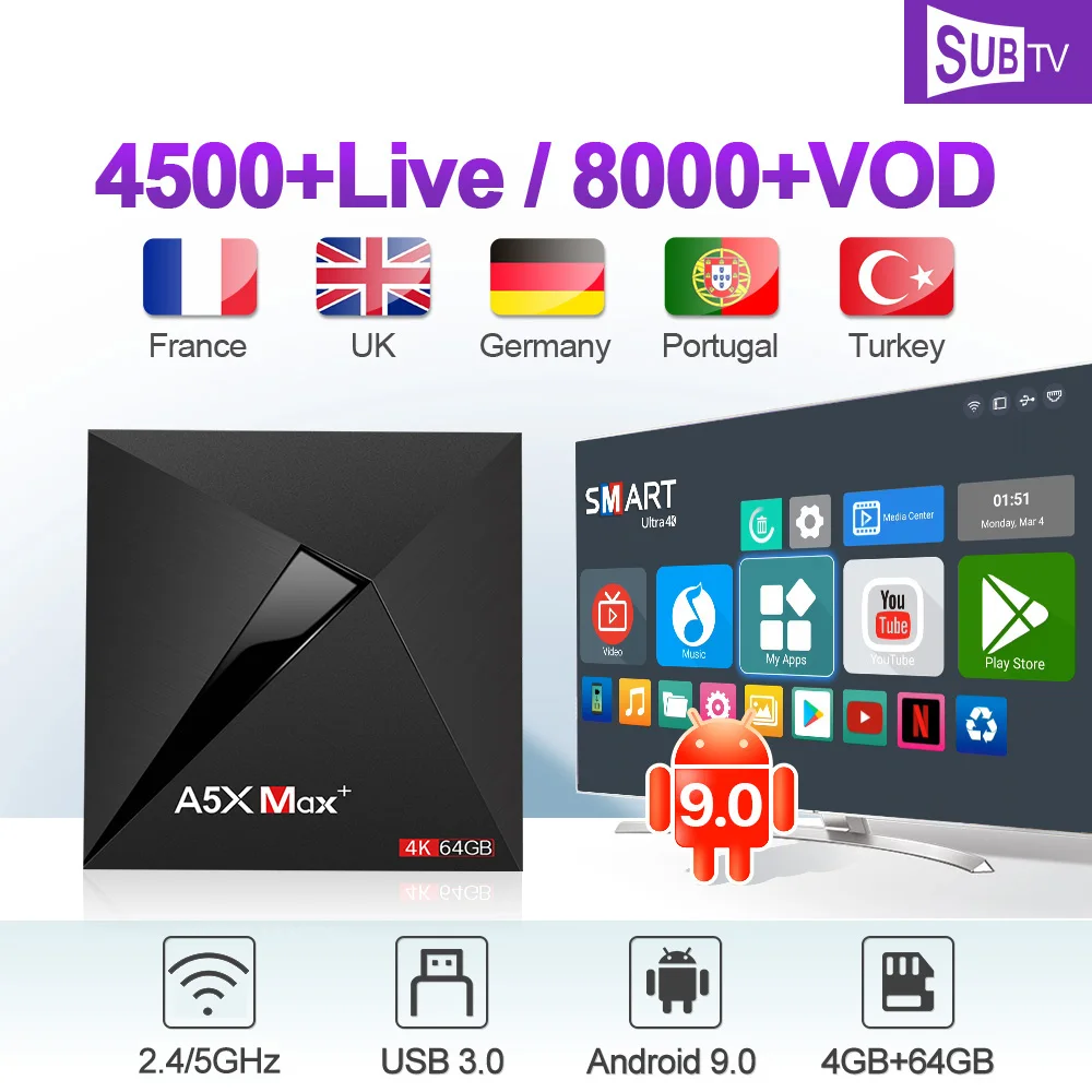 

France IPTV Italy Canada Arabic SUBTV A5X MAX+ 4G+64G Android 9.0 USB3.0 BT Dual-Band WIFI IP TV SUBTV IPTV France Arabic Canada