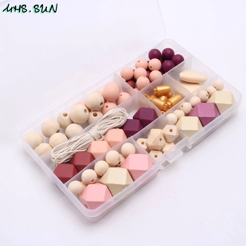 

MHS.SUN Silicone Teether Beads Set Making Necklace Pacifier Clip Kits Box Original Wood Beads Kids DIY Teething Jewelry Toy