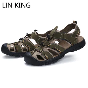 

LIN KING New Design Genuine Leather Men Sandals Big Size Man Roman Beach Sandals Fashion Outdoor Summer Gladiator Shoes For Male