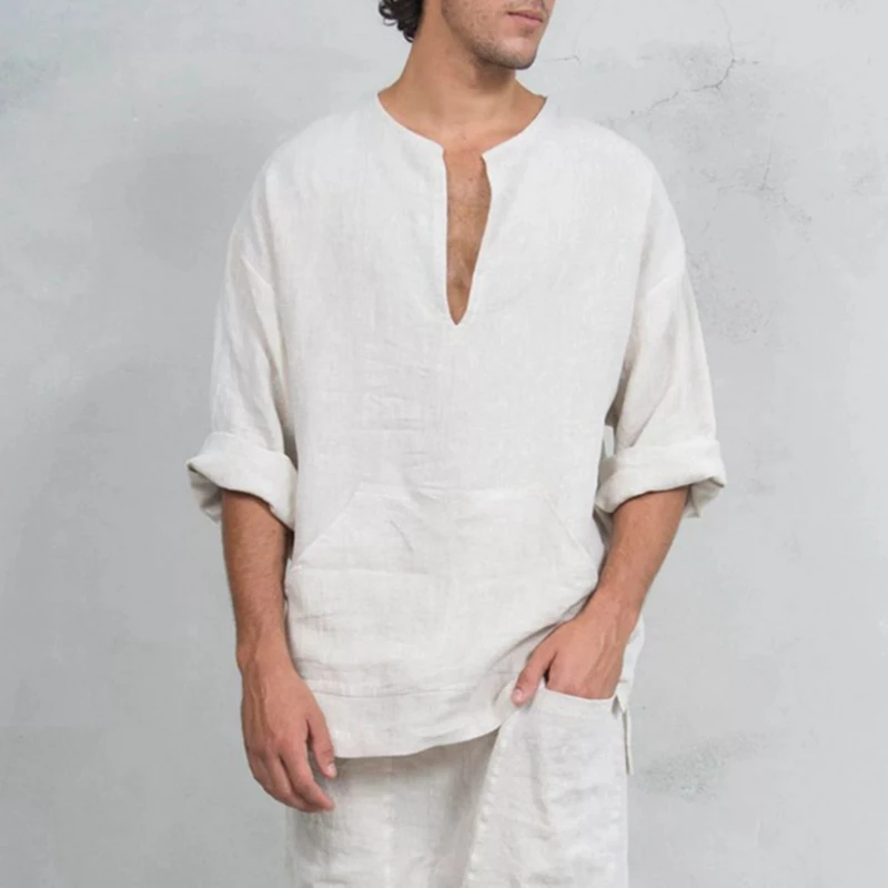 

MJARTORIA Men Long Sleeve Cotton Linen Shirt Loose Summer Casual V-Neck Shirts Top Tee Ethnic Loose Plus Size Solid Color Shirt