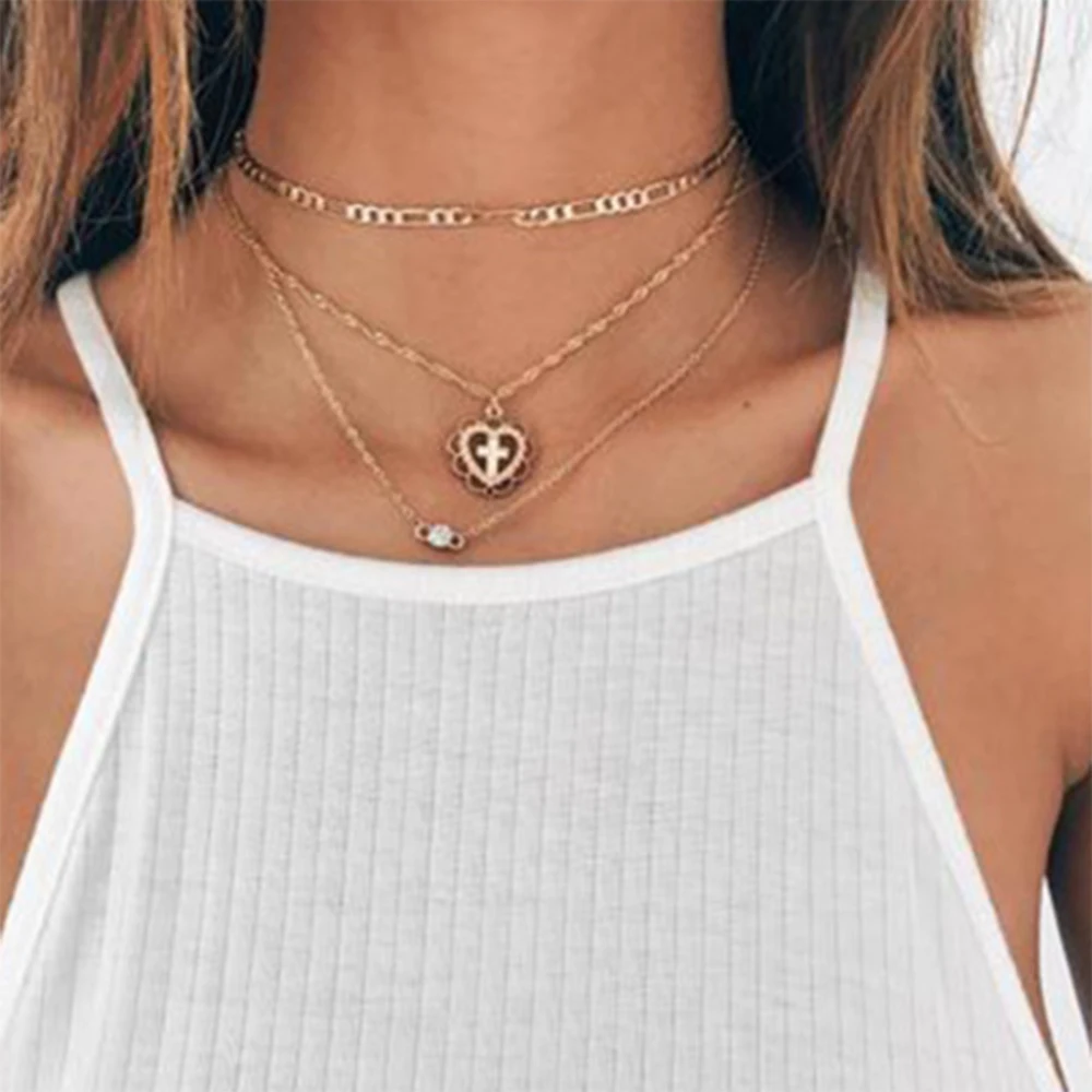

Vienkim Fashion Multi-layer Choker Necklace Cross Heart Pendant Necklace Set For Woman Party Summer Jewelry Accessories Gifts