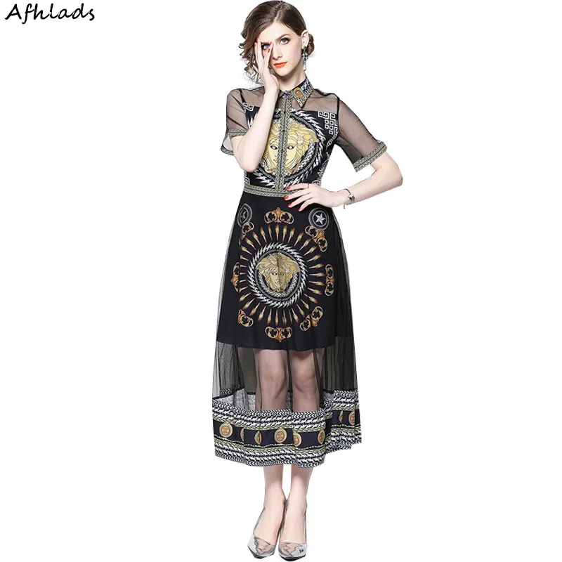 

2018 Women's turn-down collar Short Sleeve Slim Fashion Print Mesh patchwork fashion sexy Single-breasted A-line midi Dress
