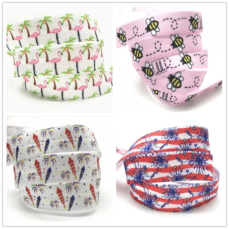 

Brand New Grey Unicorn Eagle Bee Flamingo Printed Fold Over Elastic 10 yard Animal Cartoon FOE Ribbon Webbing For Hair Accessory