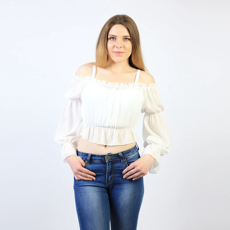 

AECU Off Shoulder Sexy Women Blouse Chiffon Shirts Long Sleeve Tube Blusa Ruffle Short Cropped Tops Summer Female Shirt 2021