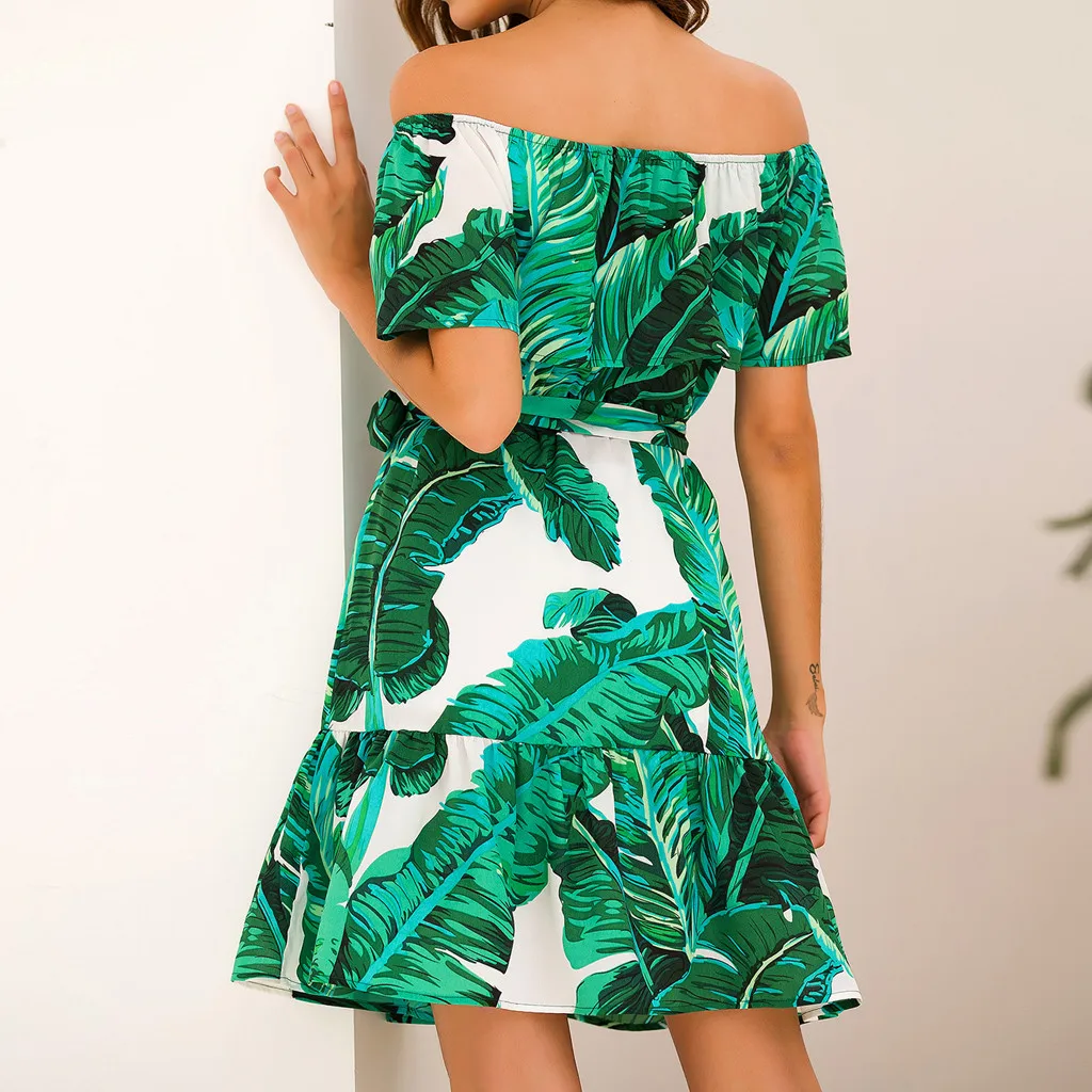 Женское повседневное мини-платье с принтом в виде листьев, свободное платье с открытыми плечами и бантом на поясе, женское повседневное пляжное платье с открытыми плечами, новинка A30531