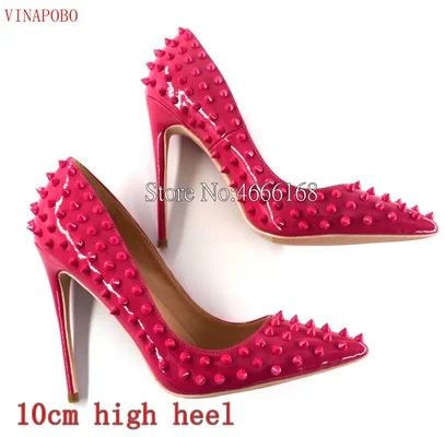 Брендовые модные женские туфли-лодочки на шпильках, роскошные дизайнерские туфли с заклепками и острым носком, женские свадебные пикантные туфли на высоком каблуке - Цвет: 10cm heel