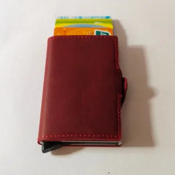 

Colorful Crazy Horse Genuine Leather Hasp Rfid Wallet Aluminum Metal Business Credit Card Holder Automatic Slide Card Wallets