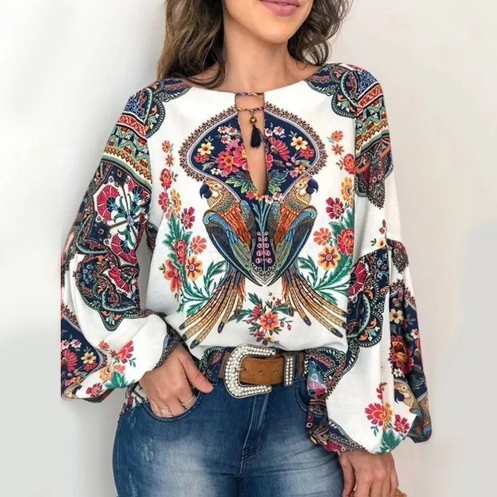 

Bohemian Floral Print Womens Tops Shirts O Neck Lantern Sleeve Chiffon Tunic Blouses Plus Size Tassel Autumn Woman Blouse