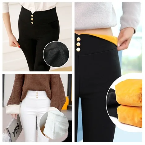 Women Fleece Warm Thicken Pants Winter Jeans Black/Gold Fleece High Waist Pencil Pants Female Fall Trousers 2019 New
