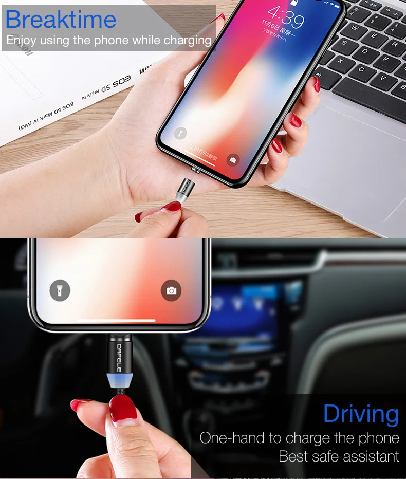 Cafele СВЕТОДИОДНЫЙ Магнитный зарядный кабель для iPhone, кабель Micro usb type C, магнитное зарядное устройство USB C для samsung Xiaomi huawei