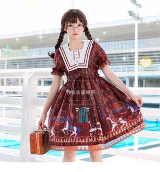 

Japanese Style Girl Lolita Dress RED sailor collar Kawaii Girls Carousel Printed Princess Maid Costume dress any size