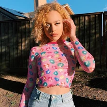 Весенняя Футболка с принтом звезды Женская сетчатая укороченная футболка с длинным рукавом макет шеи Футболка