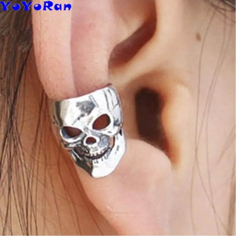 

YoYoRan 1pc vintage hollow skeleton clip earrings ear cuff for man antique silver bronze punk rock skull head earring jewelry
