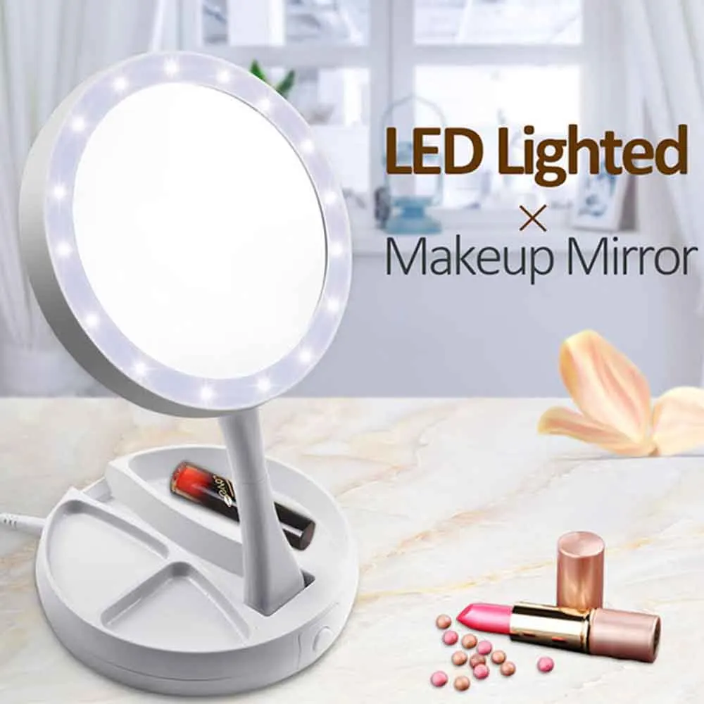

LED Makeup Mirror Foldable Mirror Professional 10X Magnifying Mirrors Tri-fold Desktop mirrors Make Up Tool & Storage Box