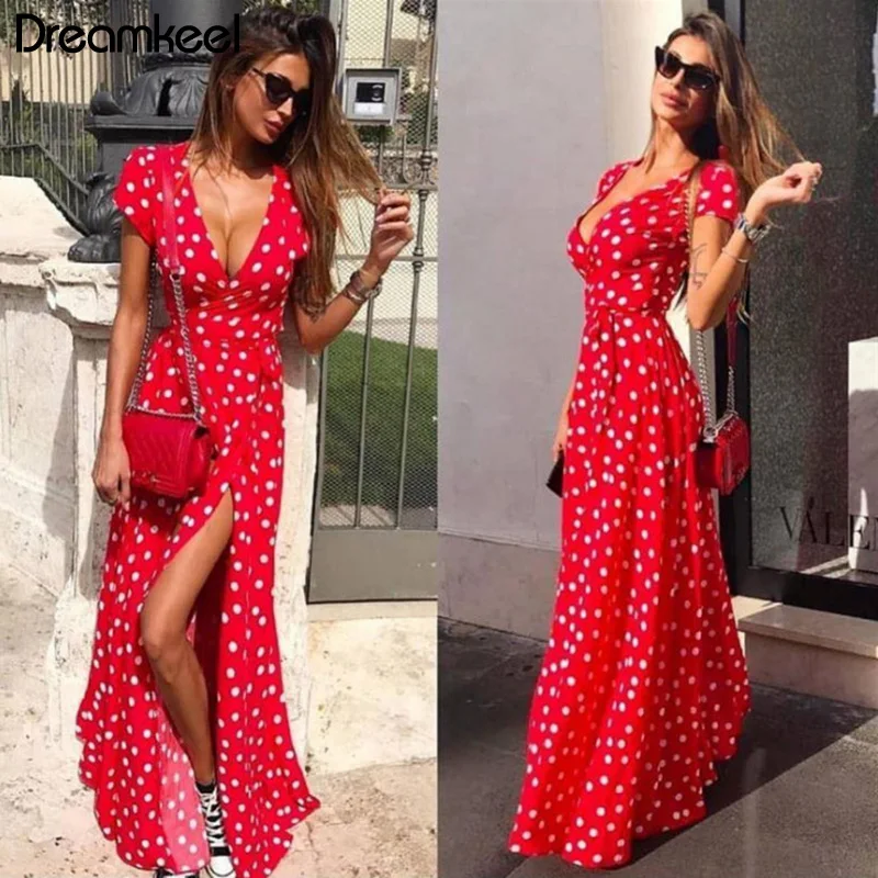 

Summer Women Bohemian Style Deep V-neck Dress Temperament Commute Slim Sleeveless Dot Pattern Asymmetrical High Fork Dress Y