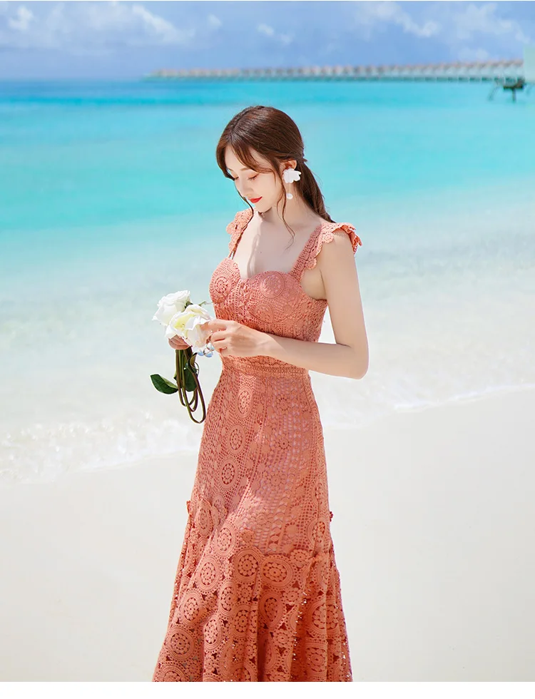 Женское летнее платье SMTHMA, розовое ажурное кружевное платье-годе на бретелях-спагетти