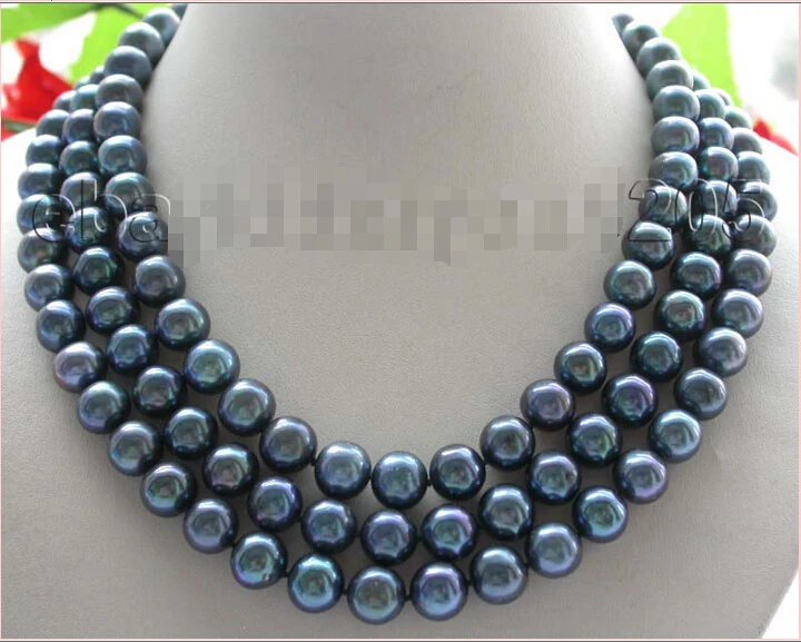

3rows 19" Genuine Natural 11mm Peacock Round Pearl Necklace 925sc #f1378! AAA