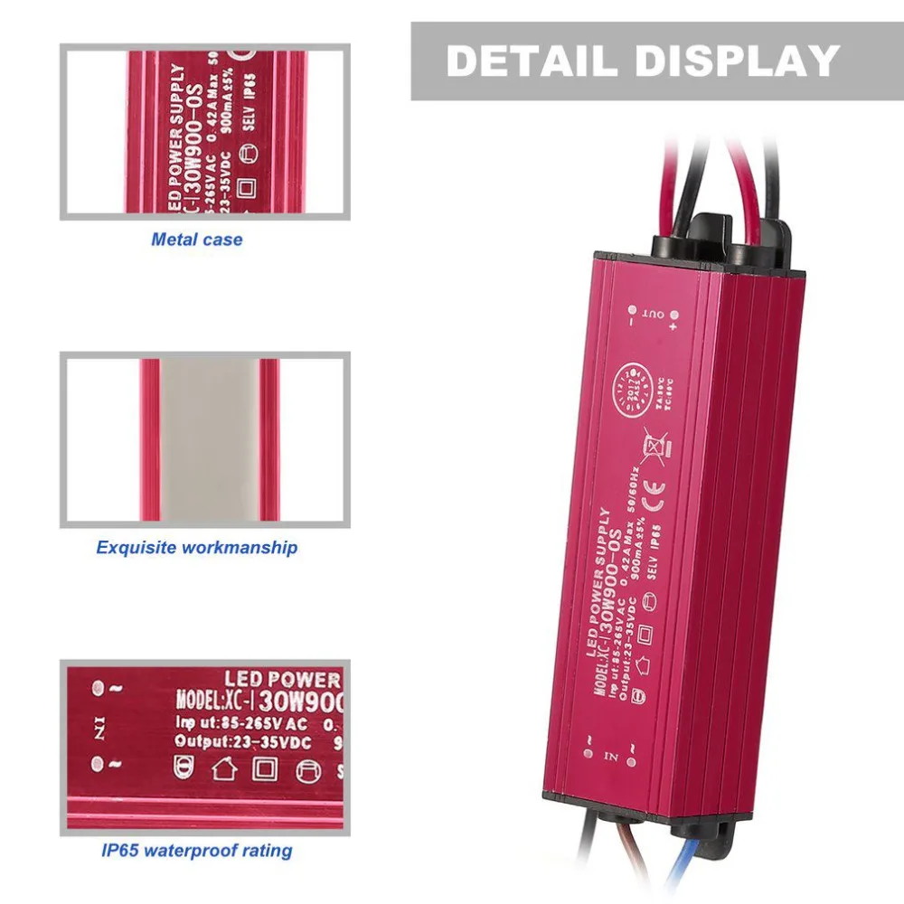 

30W Waterproof IP65 LED Lighting Driver Constant Current LED Power Supply Transformator Adapter for Flood Light 900mA+/-5%