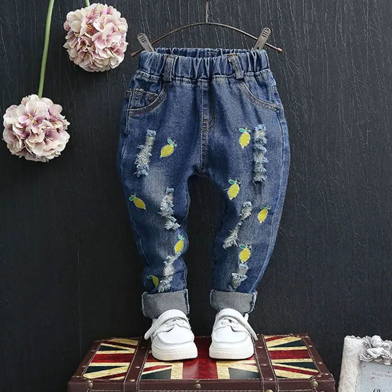 Kids Clothing 2017 Spring Autumn New Girls Boys Ripped Jeans Fruit Embroidered Small Straight Denim Pants