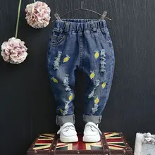 Kids Clothing 2017 Spring Autumn New Girls Boys Ripped Jeans Fruit Embroidered Small Straight Denim Pants