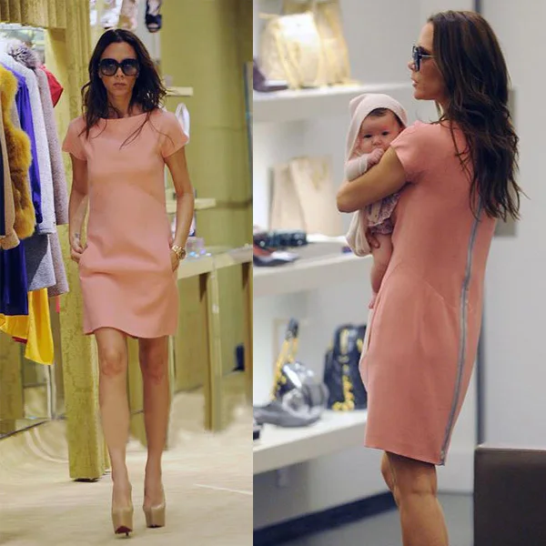 New 2014 Women's Pink Straight Brand Short Sleeve Back Zipper Victoria Beckham Dress | Женская одежда