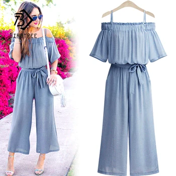 

New Arrival Women Off Shoulder Strapeless High Waist Lace Up Jumpsuit Lady Sexy Wide Leg Pants Female 4XL Plus Size Hots S87305F