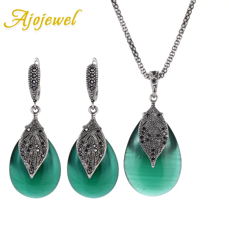 Stylish Vintage Jewelry Sets Green Opal Earrings Necklace Set