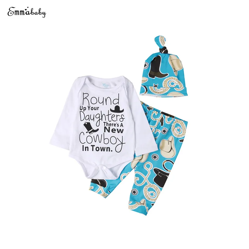 

2017 Newborn Infant Boy Girls Lovely Casual Long Sleeve O-Neck Covered Button Letter Romper Tops Blue Print Pants Hat 3PCS 0-18M
