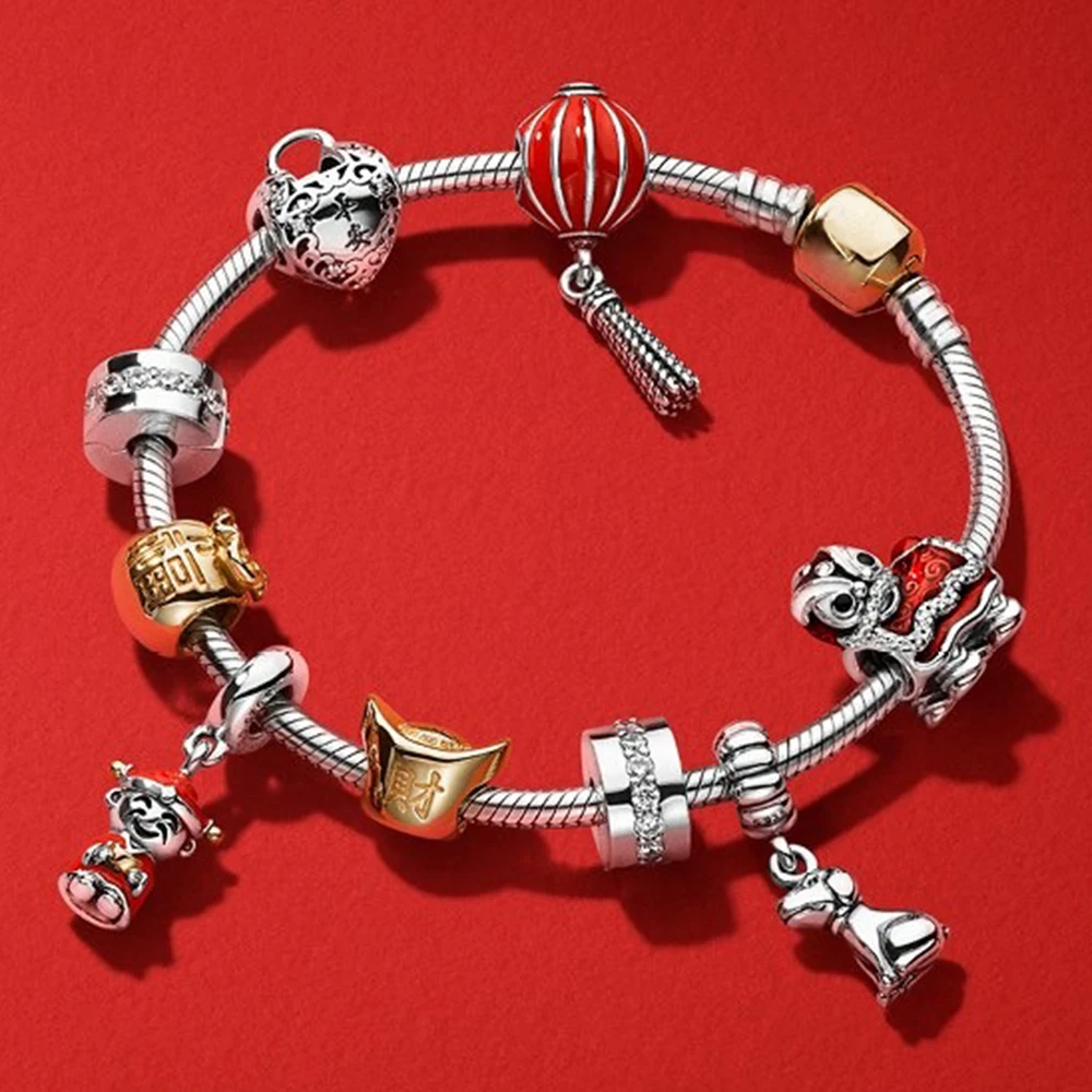 

Kristie 100% 925 Sterling Silver Lion Dance Money Bag Gold Charm Fortune and Luck LANTERN Pendant Spring Bracelet Set