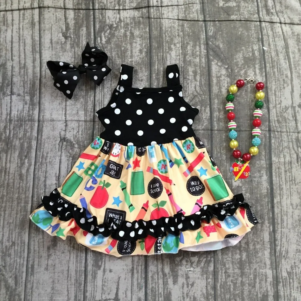 2018 back to school summer baby girls kids boutique clothes polka dot dress sleeveless cotton halter tops dress match accessory halter off shoulder open back midi dress