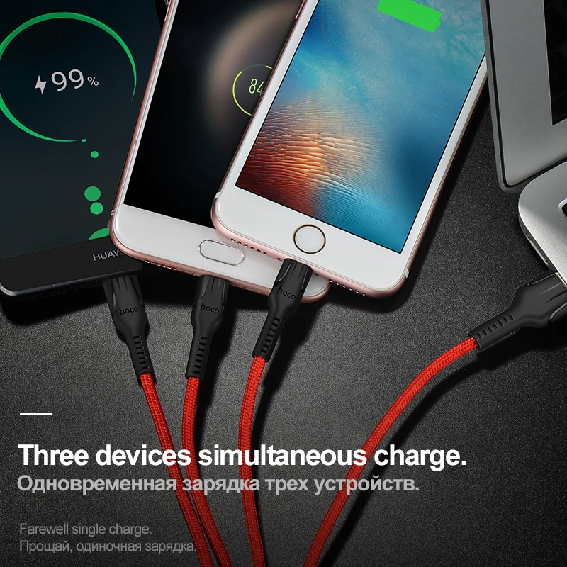 HOCO 3in1 USB كابل الشاحن ل فون X 5 6 7 8 الروبوت المصغّر usb كابل نوع C لسامسونج Xiaomi المحمول الهاتف USB كابل بيانات