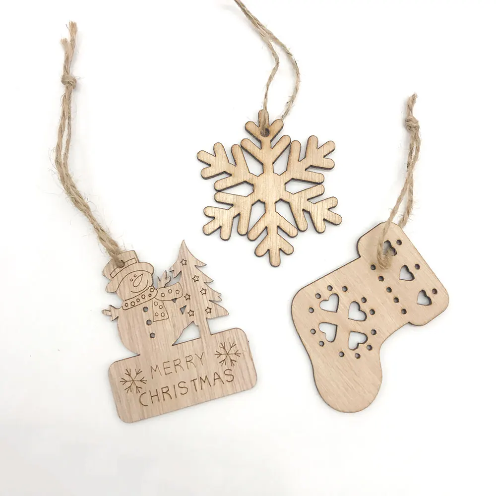 

12pcs Wooden Snowflake Snowman Christmas Drop Pendant with Ribbon Handmade Accessories DIY Craft Christmas Tree Decorations