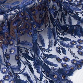 

LASUI 2018 2 yards/1 lot high quality Sequined blue feathers, embroidery flowers lace fabric for DIY dress fashion fabric X0313