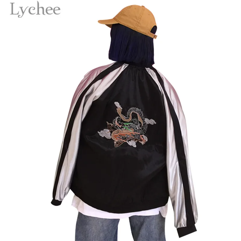 

Lychee Spring Dragon Embroidery Women Baseball Jacket Pockets Zipper Loose Long Sleeve Casual Loose Female Coat