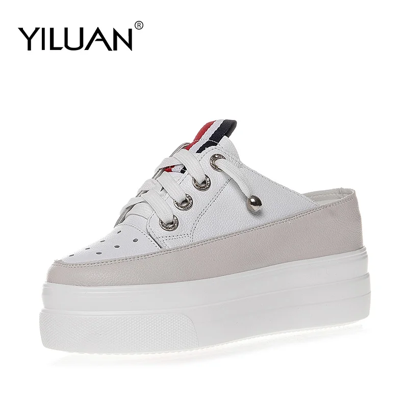 

Yiluan slippers Ladies Summer Casual Shoes flat 2019 Mules Shoes Mesh Slippers Low Heels genuine leather Slides Women