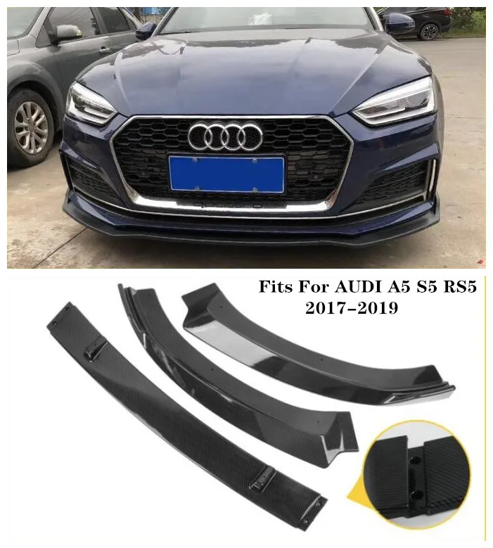 

High Quality 3pcs/1set ABS Carbon Fiber Car Bumper Front Lip Spoilers Diffuset Fits For AUDI A5 S5 RS5 2017 2018 2019 BY EMS