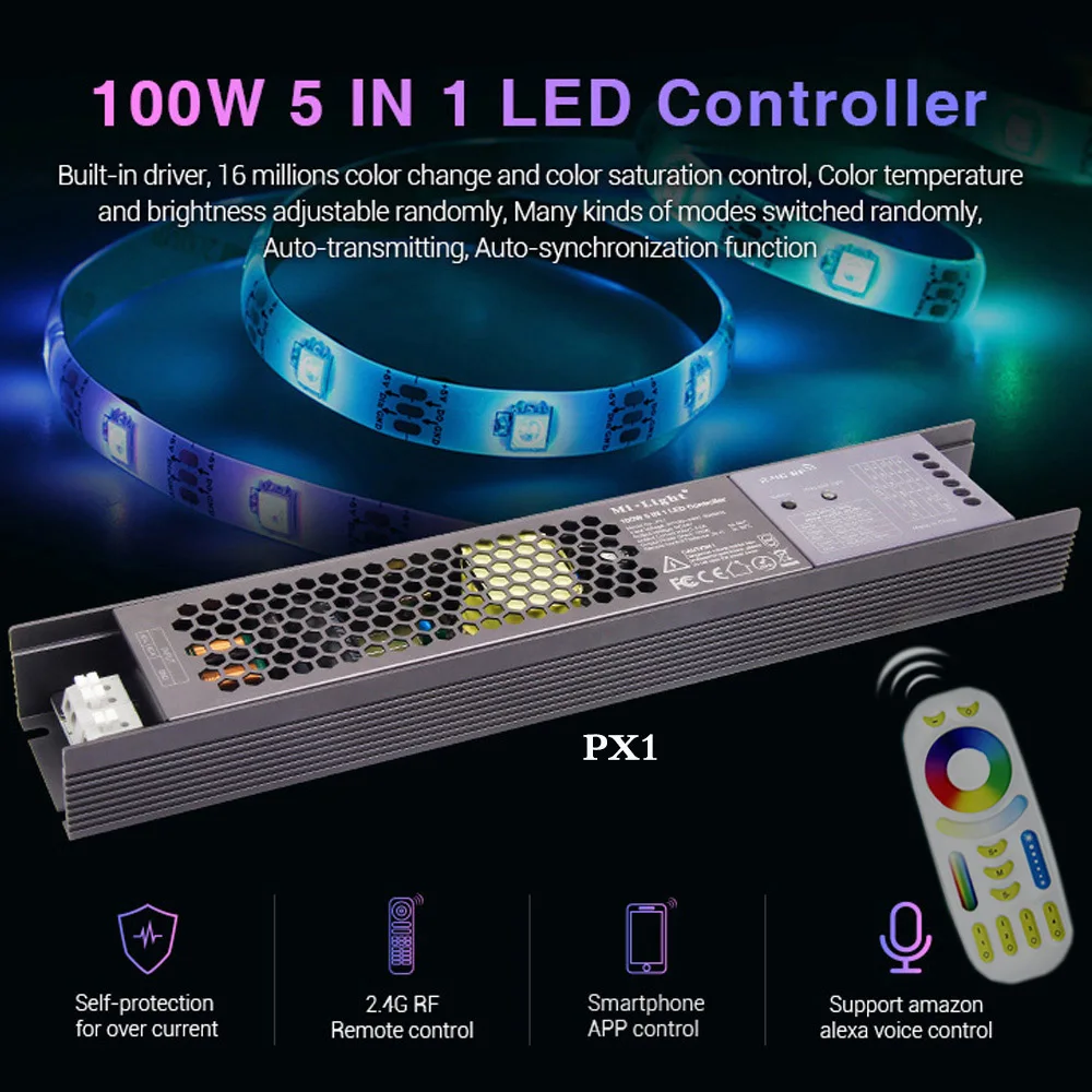 

Mi Light 100W 5 IN 1 LED Controller 24V Built-in power led strip light smart dimmer aluminum 2.4GRF/WiFi/voice remote control